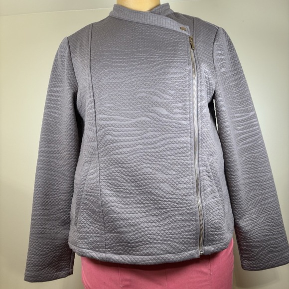 Chicos Women's Jacket Taupe/Grey Quilted Asymmetrical Zip Lightweight Size 1 EUC - Picture 1 of 10